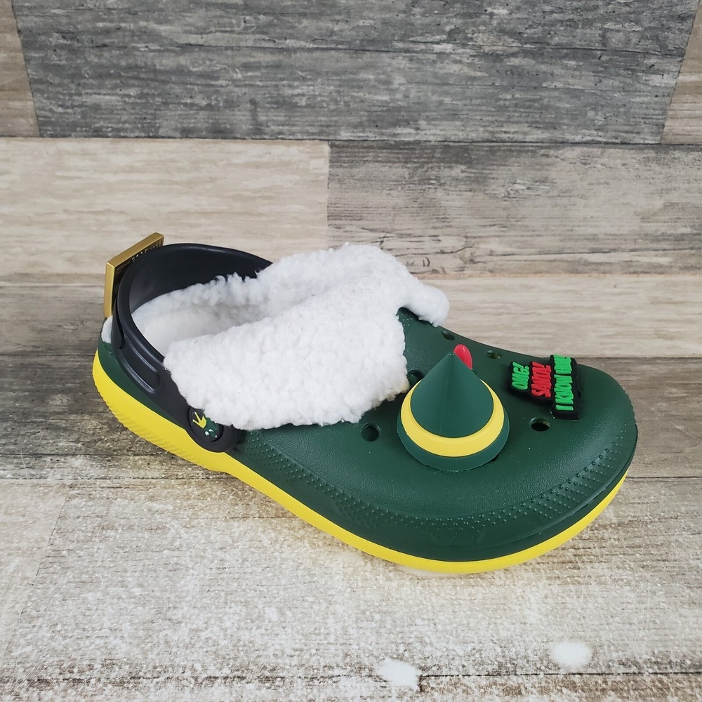 Crocs Elf Classic Kids Clog Sz‎ 1 J1 Green Yellow Fleece Lined Shoes Slingback